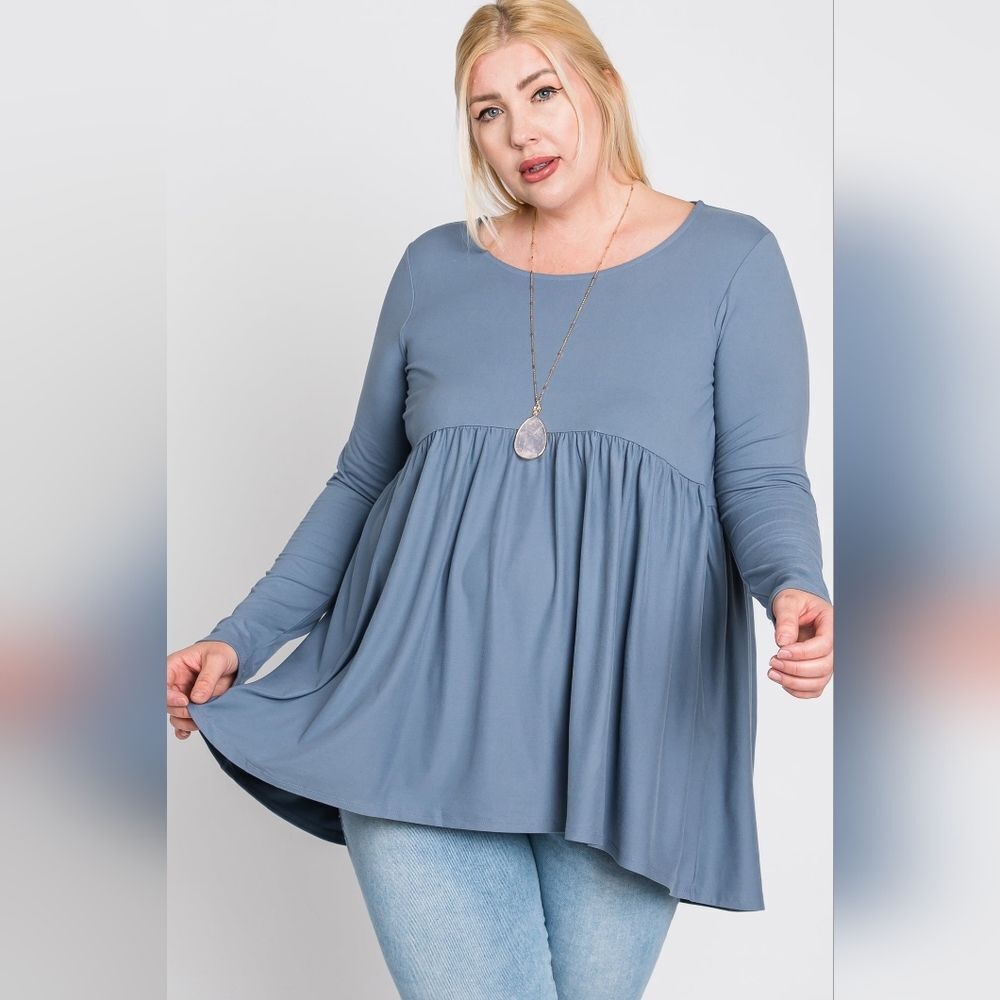 Zenana Babydoll Empire Top, High-Low Hem, Baby Blue, Size 1X